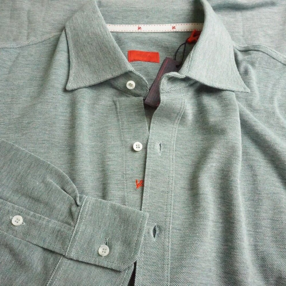 Isaia Napoli Jersey Piquet Wash Green Long Sleeve Cotton Polo Shirt 3XL NEW